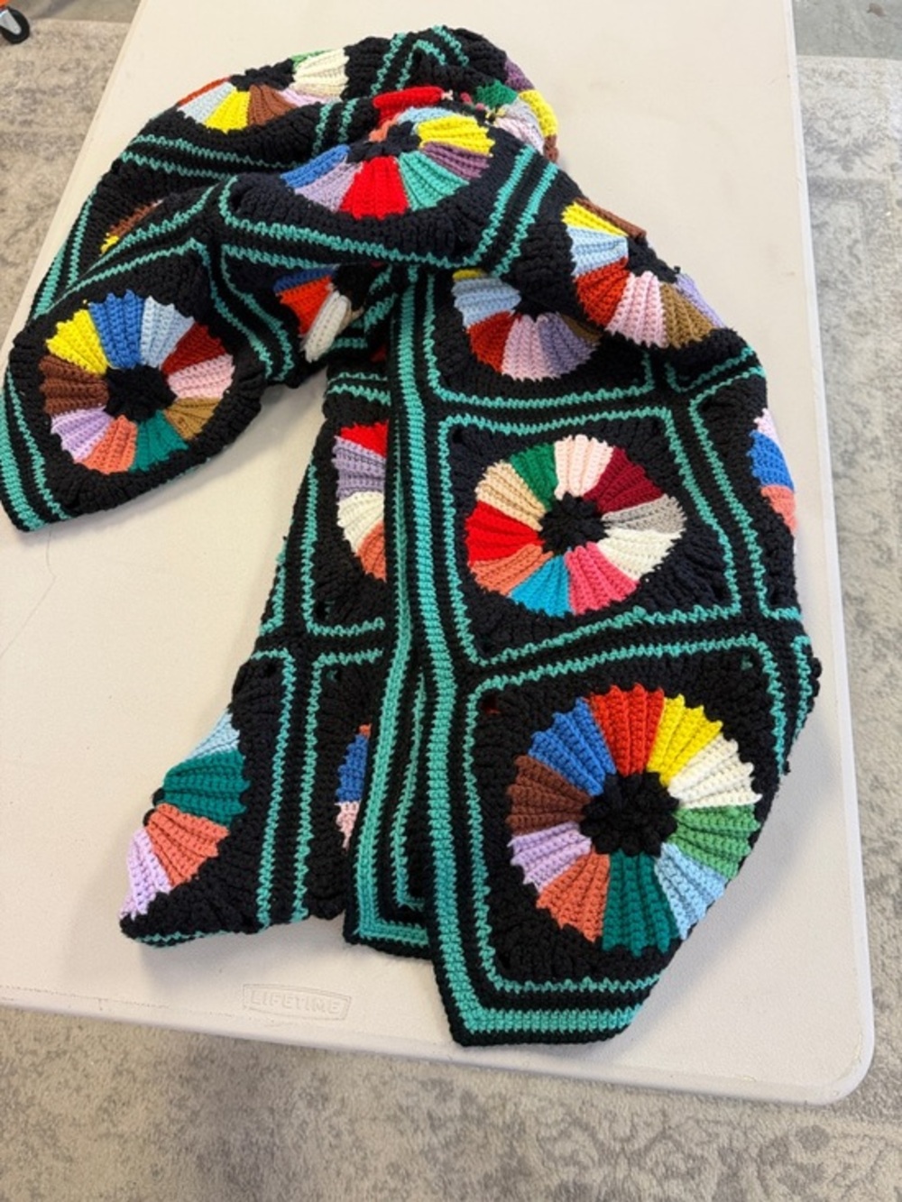 Handmade Multicolor Crochet Granny Square Throw - Black Background